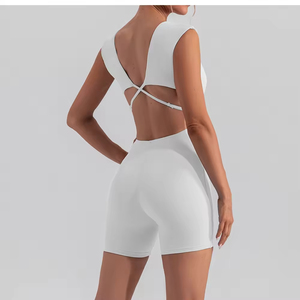 Custom Logo Women's Cross-Over Backless Design Sports Bodysuit Jumpsuit