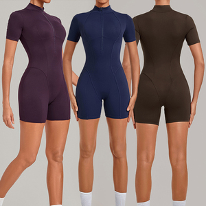 Custom Logo Women's Summer Short Sleeve Half Zipper Sportwear Bodysuit Jumpsuit