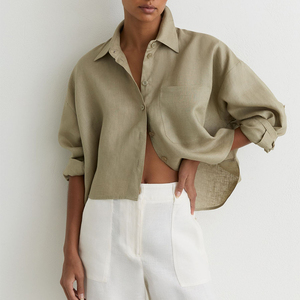 Wholesale Summer Blouse Loose Shirts Casual Fashion Women's Khaki Cropped Drop Shoulder 100% Linen Long Sleeve Button Down Shirt