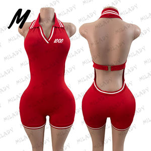 Custom Logo Women's Sexy Backless Red Halter Bodycon Shorts Bodysuit Jumpsuit