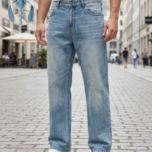 ODM OEM Factory Men's Spring/Summer Light-Blue Washed Denim Vintage Cat-Whisker Eco-Friendly Mid Straight-leg Jeans Trendy